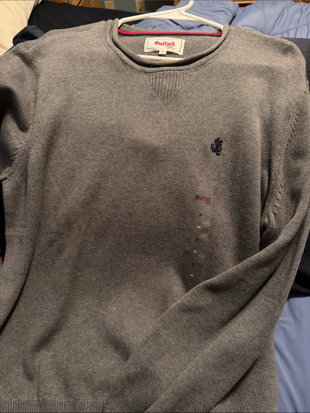 Stafford Men's Gray Crewneck Sweater with Navy Logo